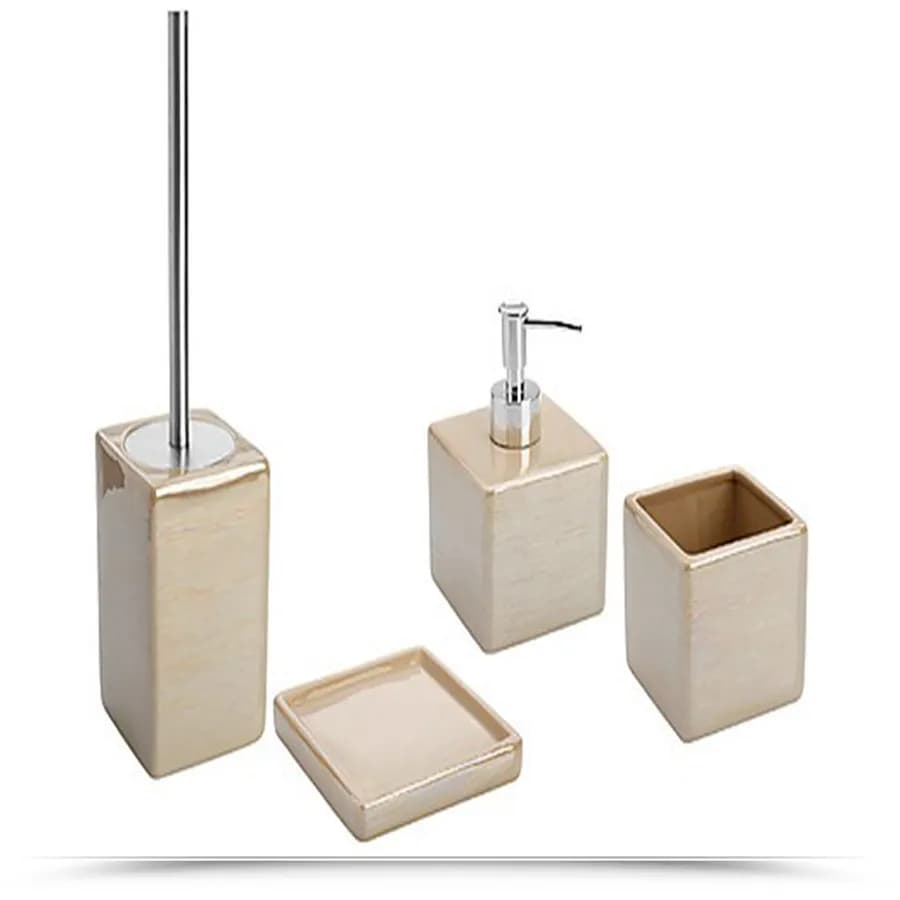 Set 4 accessori da bagno da appoggio in acciaio e ceramica beige