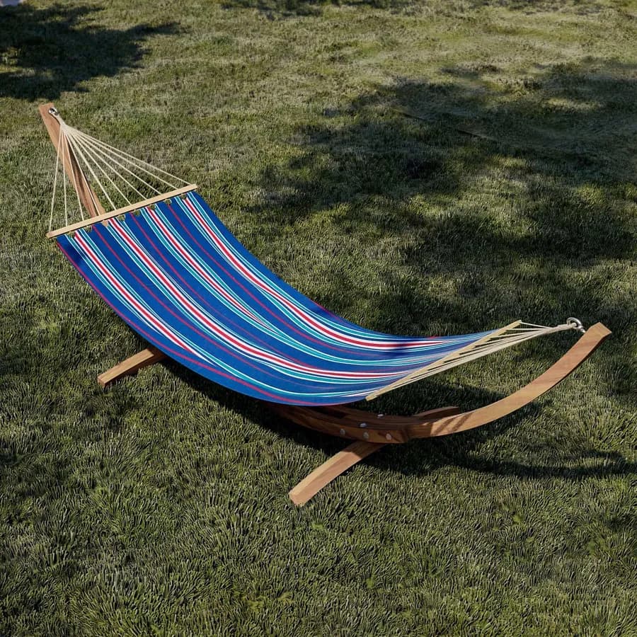 Amaca da giardino 100x200 cm in polycotone a righe blu con stecche in legno