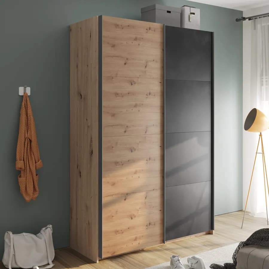 Armadio 150x223h cm con due ante scorrevoli rovere artisan e grigio tadao - Alen