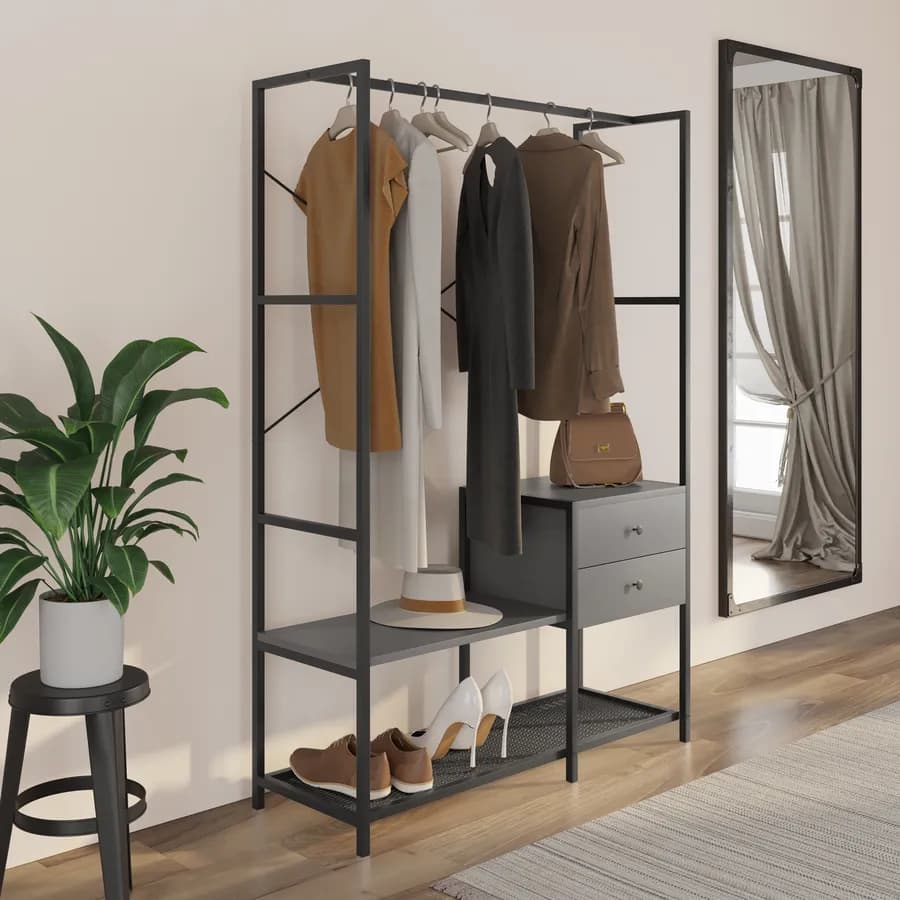 Appendiabiti 108x160h cm in acciaio antracite e nero con 2 cassetti - Sheryl