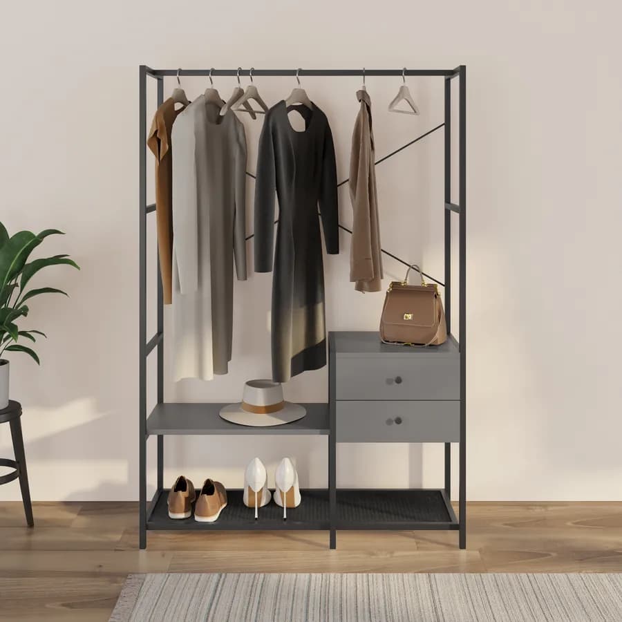 Appendiabiti 108x160h cm in acciaio antracite e nero con 2 cassetti - Sheryl