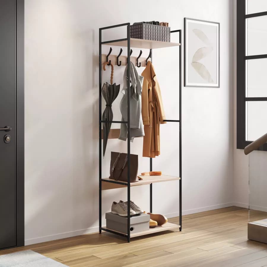 Appendiabiti 60x175h cm con ripiani effetto rovere e struttura in acciaio nero con 6 ganci - Duke