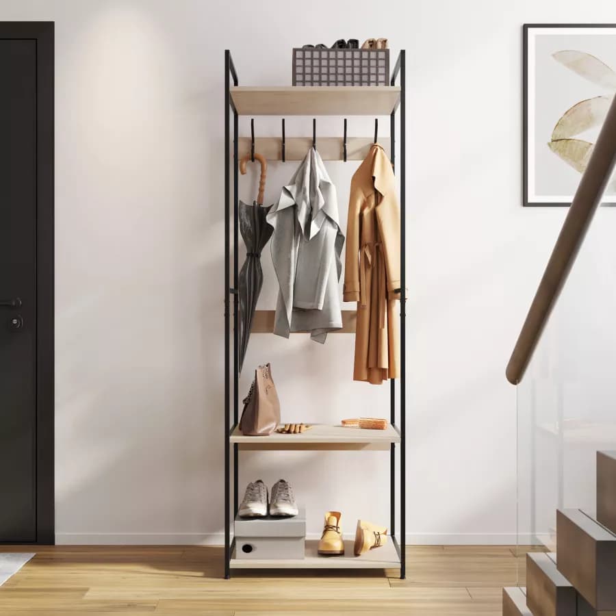 Appendiabiti 60x175h cm con ripiani effetto rovere e struttura in acciaio nero con 6 ganci - Duke