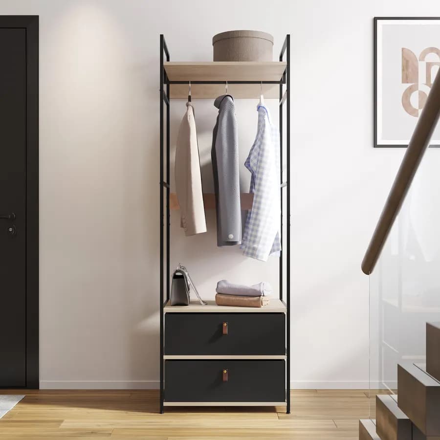 Appendiabiti 60x175h cm ripiani effetto rovere struttura in acciaio nero e 2 cassetti - Duke