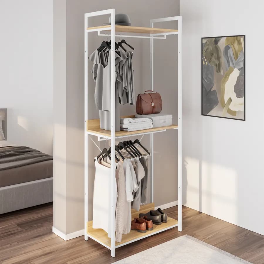 Appendiabiti 80x202h cm effetto rovere e struttura in metallo bianco doppio scomparto - Caio