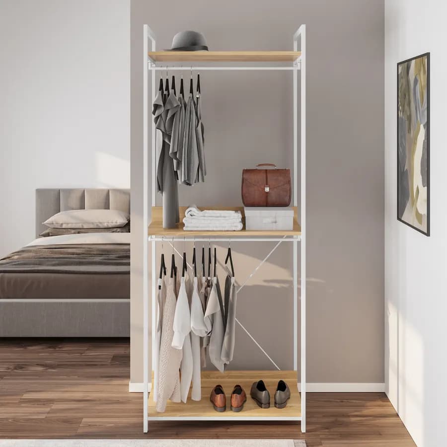 Appendiabiti 80x202h cm effetto rovere e struttura in metallo bianco doppio scomparto - Caio