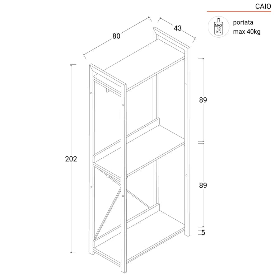 Appendiabiti 80x202h cm effetto rovere e struttura in metallo bianco doppio scomparto - Caio