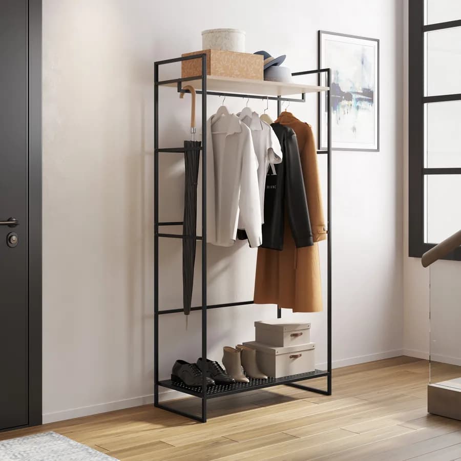 Appendiabiti 83x167h cm con ripiani effetto rovere e struttura in acciaio nero con 4 ganci - Duke