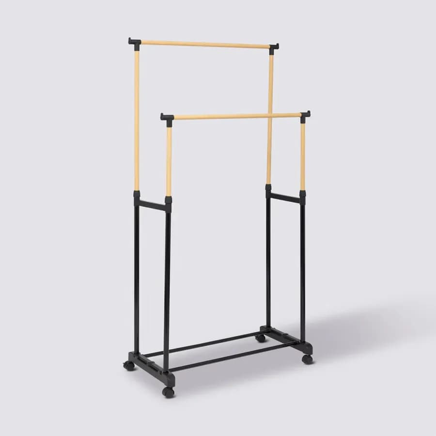 Appendiabiti allungabile doppio 165h cm con ruote in metallo nero ed effetto legno