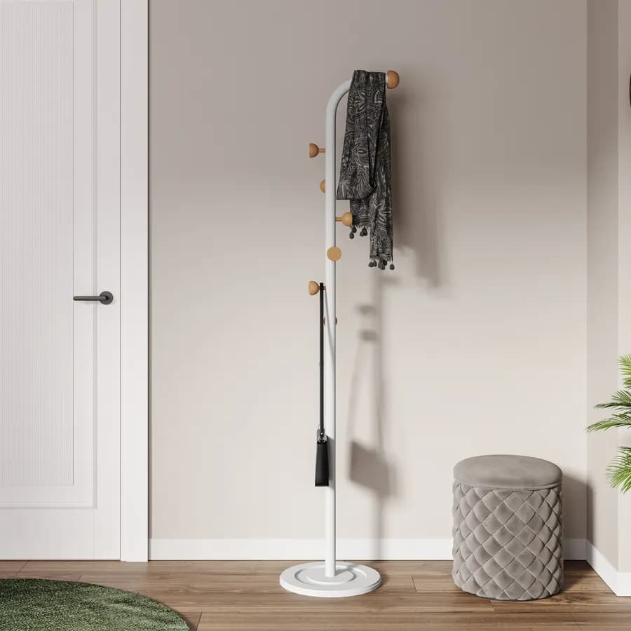 Appendiabiti in metallo bianco con 6 ganci in legno naturale - Greba