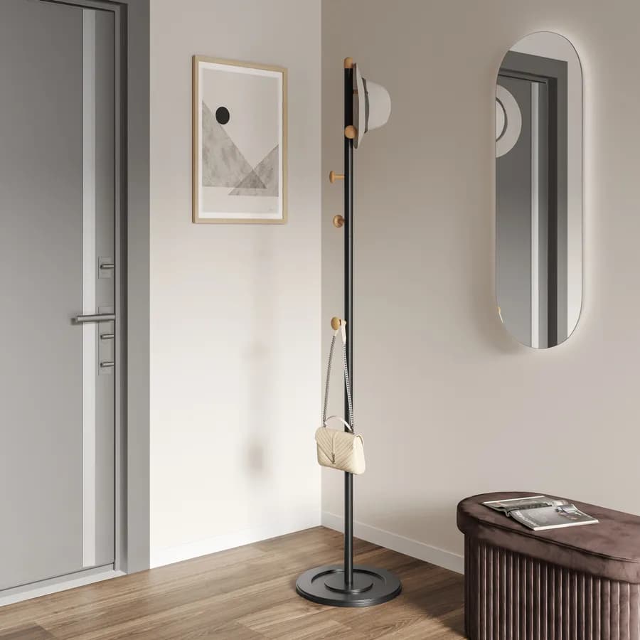 Appendiabiti in metallo grigio con base in marmo e 8 ganci in legno naturale - Risbe