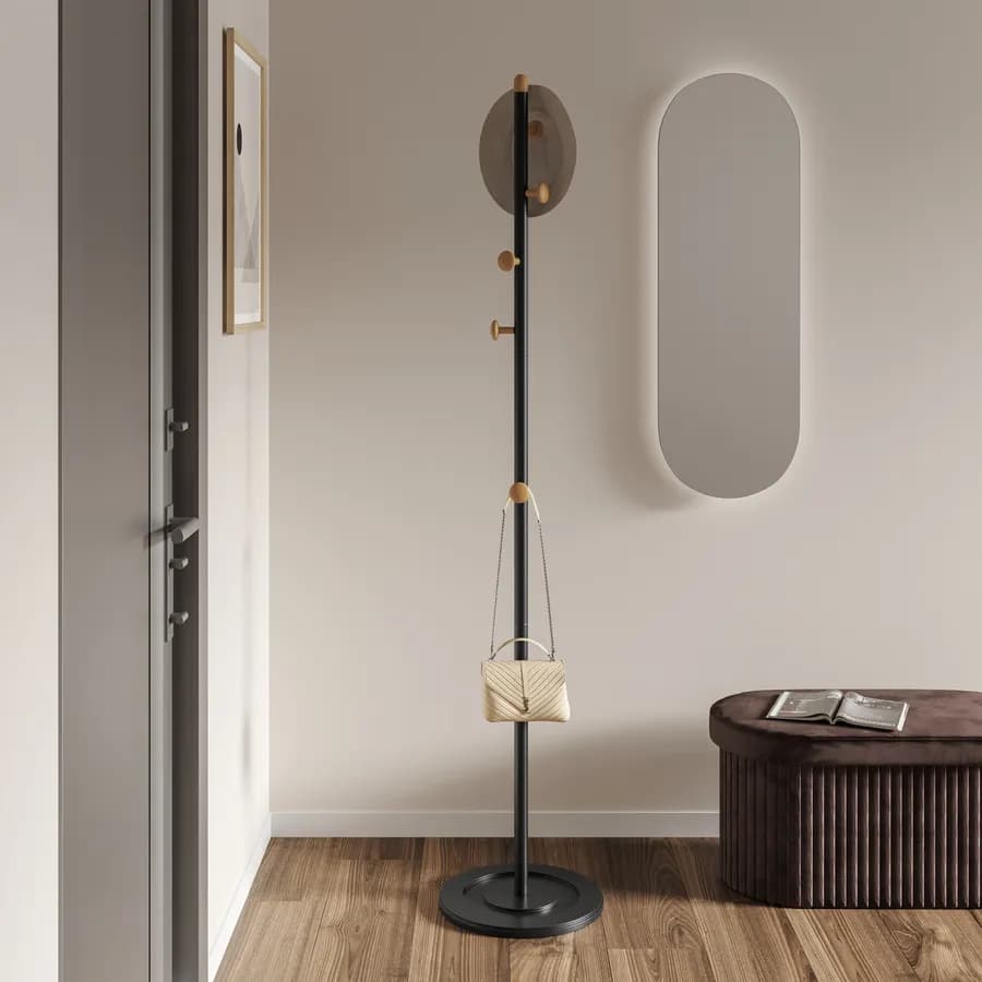 Appendiabiti in metallo grigio con base in marmo e 8 ganci in legno naturale - Risbe