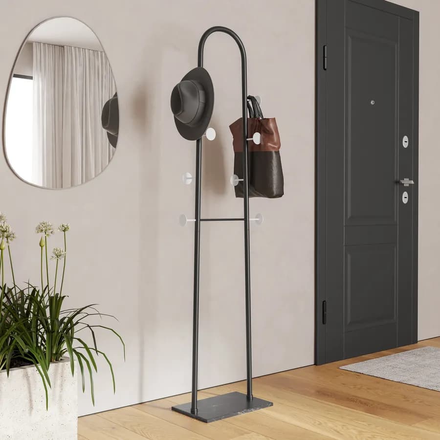 Appendiabiti in metallo nero con base in marmo e 8 ganci in legno bianco - Lixco
