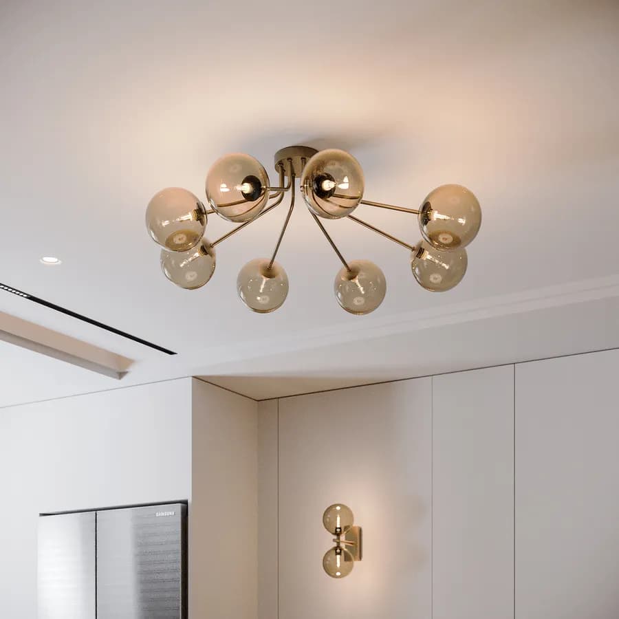 Lampadario da interno 88,4x80,8x28h cm in vetro soffiato champagne e metallo rifinito in ottone