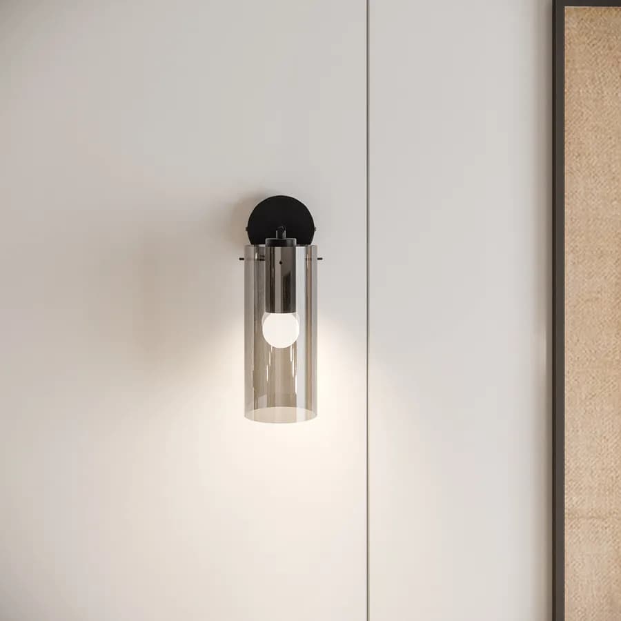 Applique da parete rotonda 15 cm metallo nero con diffusore in vetro fumè