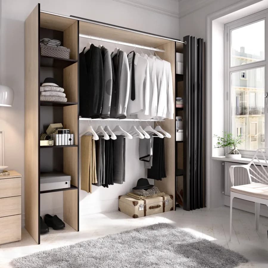 Armadio regolabile 180-110x205 h cm in legno naturale e grafite con tenda - Bernac