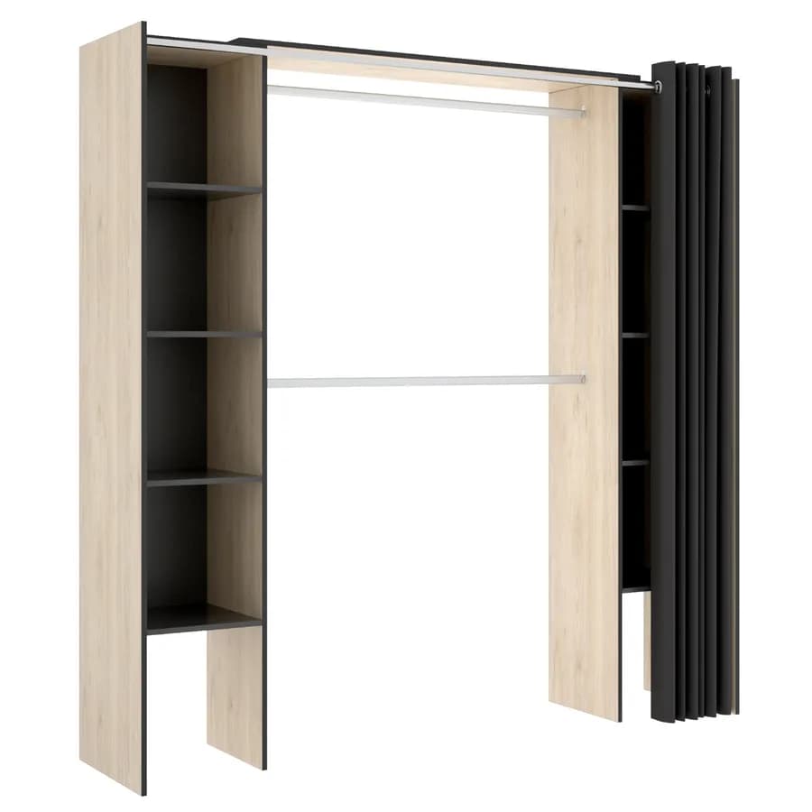 Armadio regolabile 180-110x205 h cm in legno naturale e grafite con tenda - Bernac