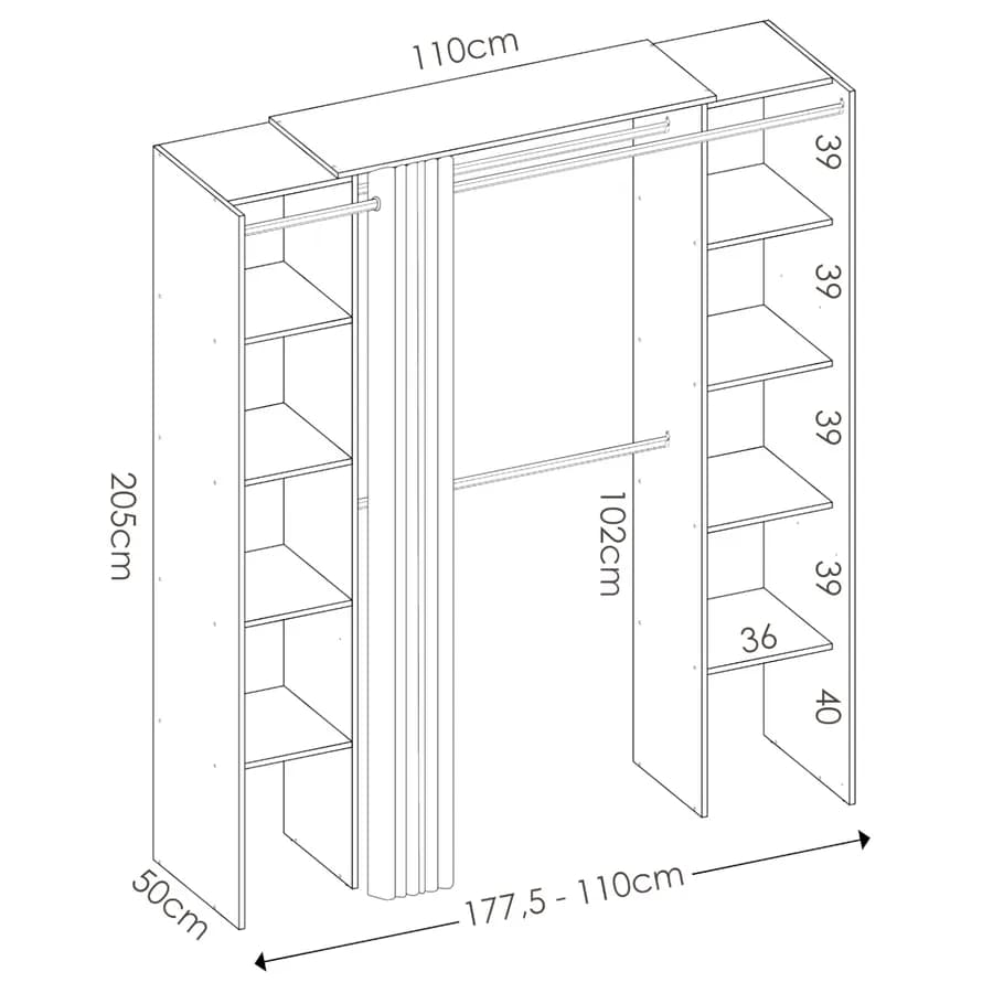 Armadio regolabile 180-110x205 h cm in legno naturale e grafite con tenda - Bernac