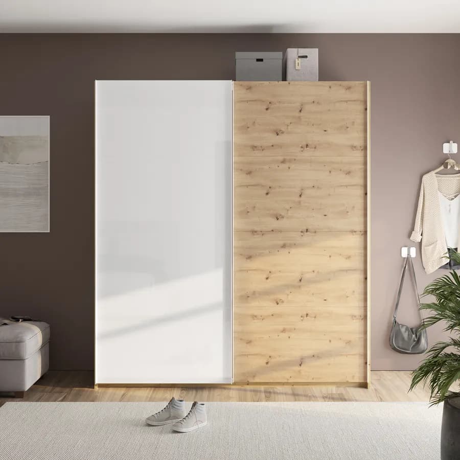 Armadio 200x223h cm con due ante scorrevoli bianco lucido e rovere artisan - Alen