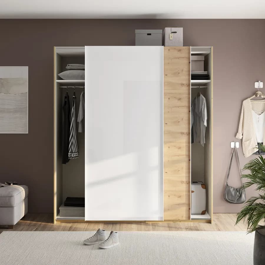 Armadio 200x223h cm con due ante scorrevoli bianco lucido e rovere artisan - Alen