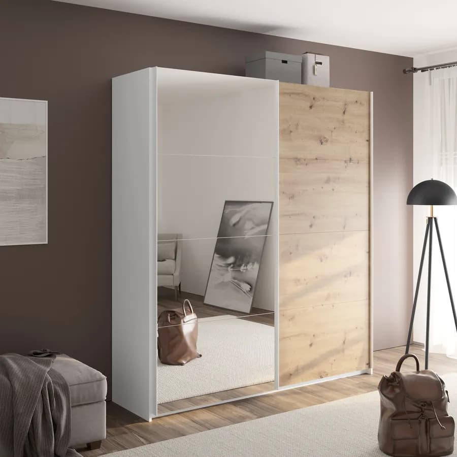 Armadio 200x223h cm con due ante scorrevoli rovere artisan e specchio - Alen