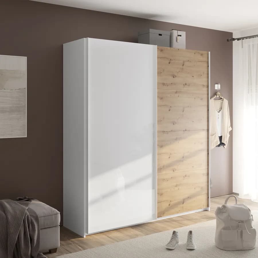 Armadio 200x223h cm con due ante scorrevoli rovere e bianco lucido - Alen