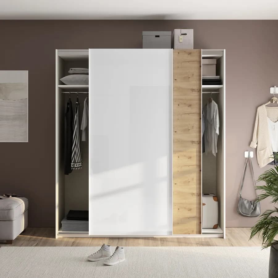 Armadio 200x223h cm con due ante scorrevoli rovere e bianco lucido - Alen