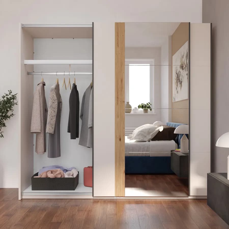 Armadio 220x205h cm cashmere e rovere savana con 2 ante e specchio - Farlene