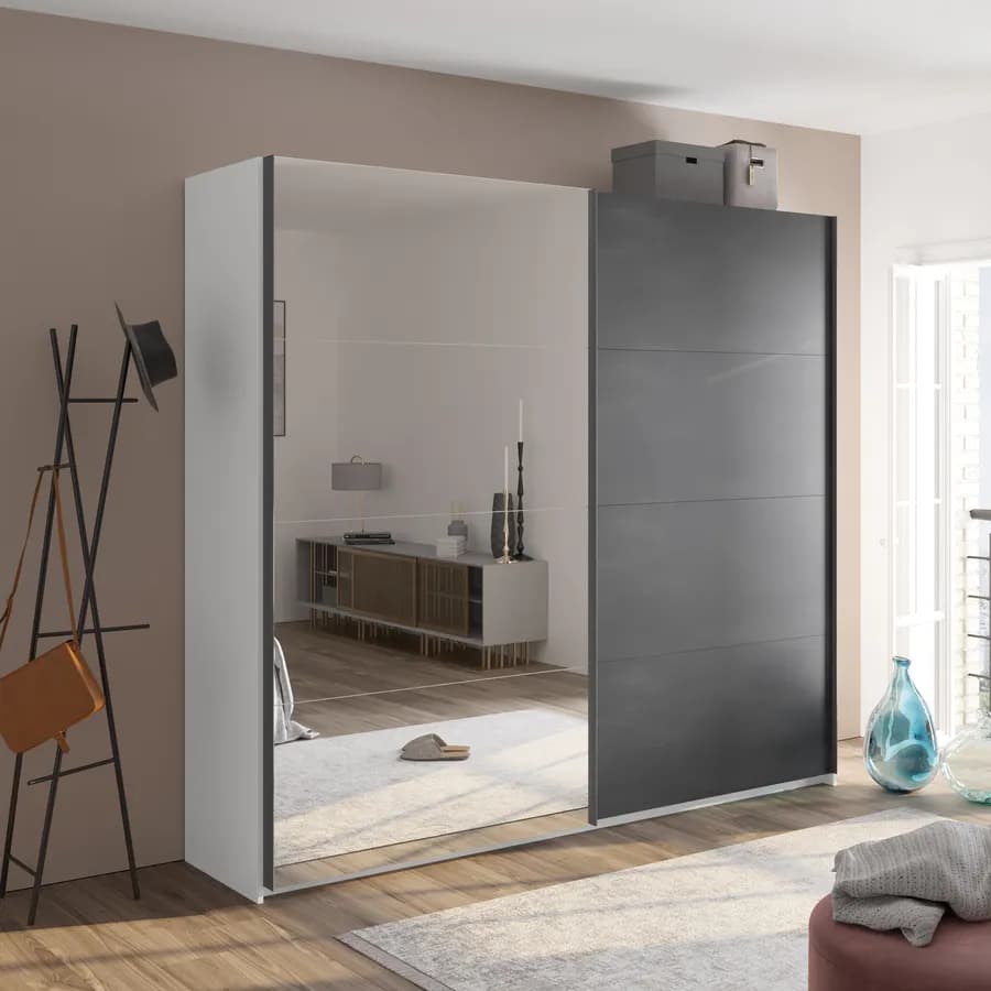 Armadio 250x223h cm bianco opaco con due ante scorrevoli grigio tadao e specchio - Alen