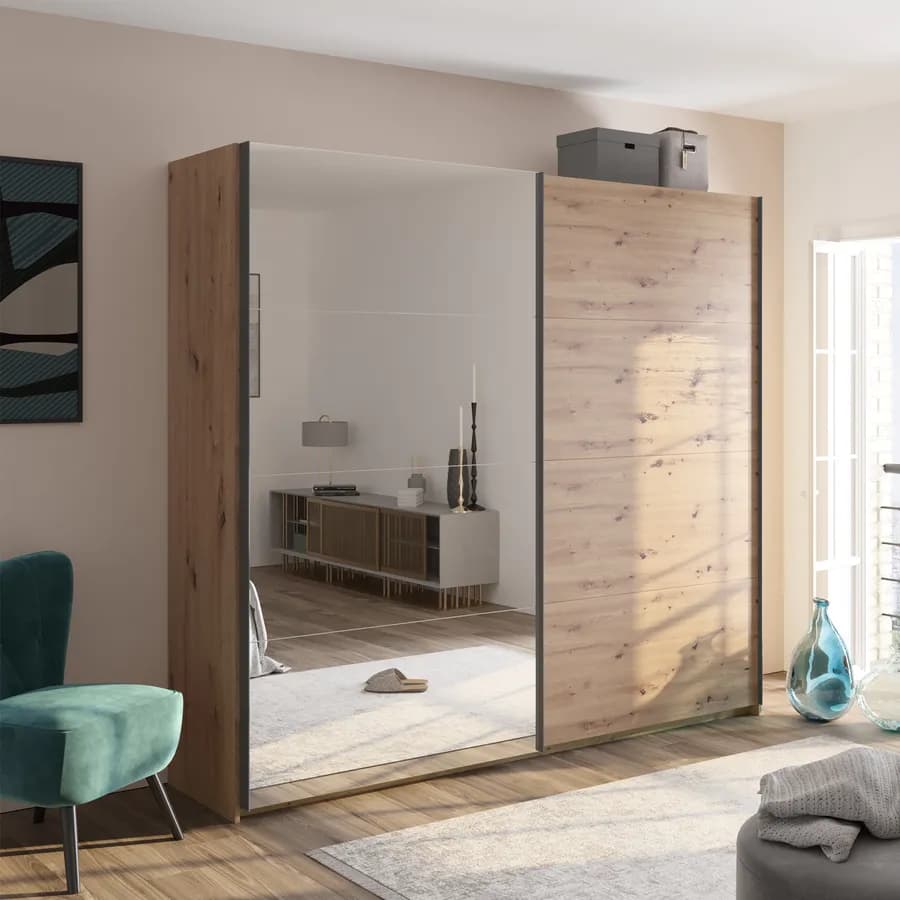 Armadio 250x223h cm con due ante scorrevoli rovere artisan e specchio - Alen