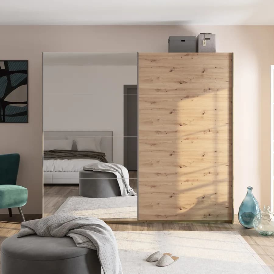 Armadio 250x223h cm con due ante scorrevoli rovere artisan e specchio - Alen