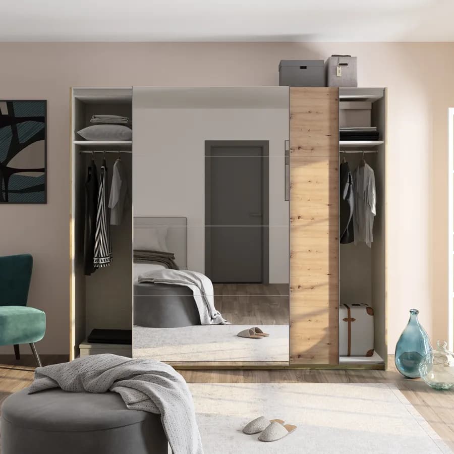 Armadio 250x223h cm con due ante scorrevoli rovere artisan e specchio - Alen