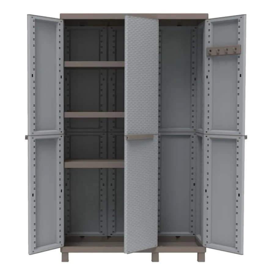 Armadio 102x170h cm per giardino effetto rattan con tripla anta portascope e ripiani