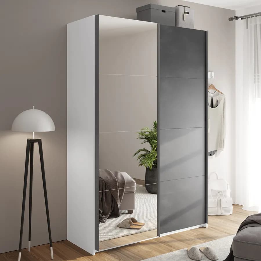 Armadio 150x223h cm con due ante scorrevoli grigio tadao e specchio - Alen