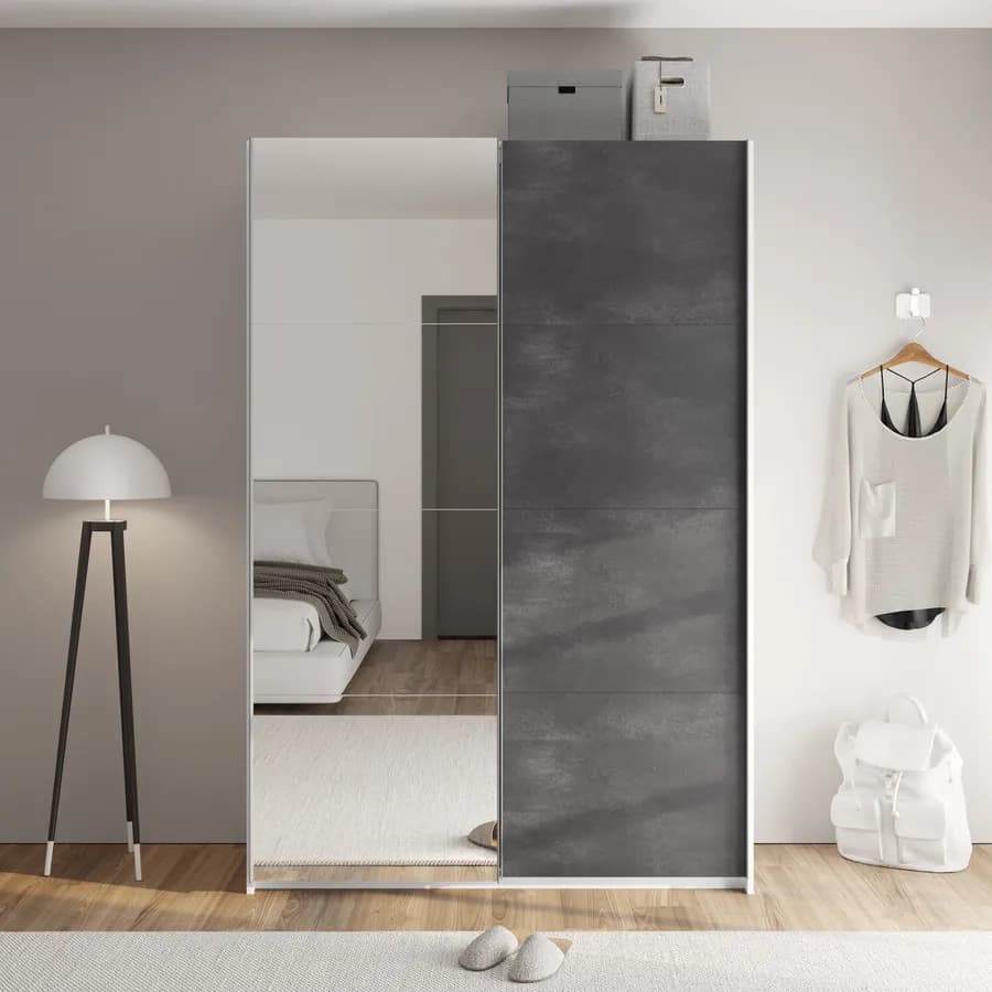 Armadio 150x223h cm con due ante scorrevoli grigio tadao e specchio - Alen
