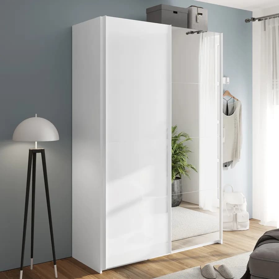 Armadio 150x223h cm con due ante scorrevoli bianco lucido e specchio - Alen