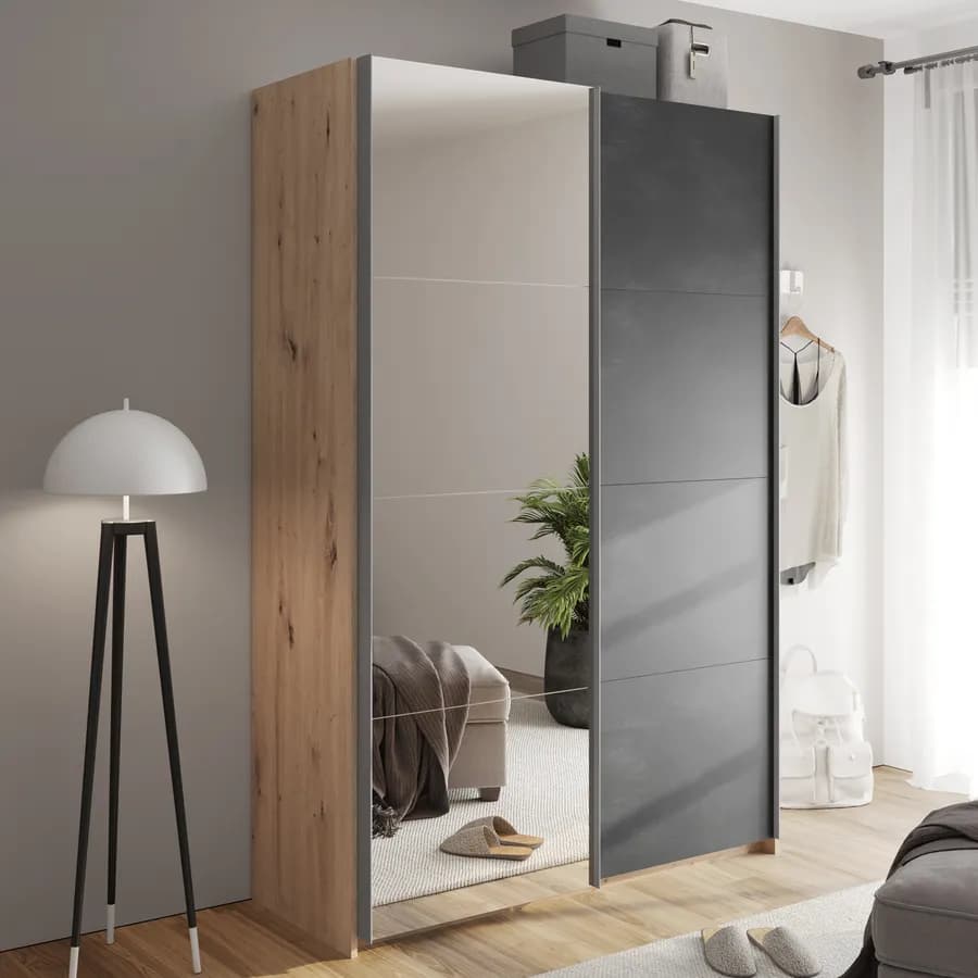 Armadio 150x223h cm rovere artisan con due ante scorrevoli grigio tadao e specchio - Alen