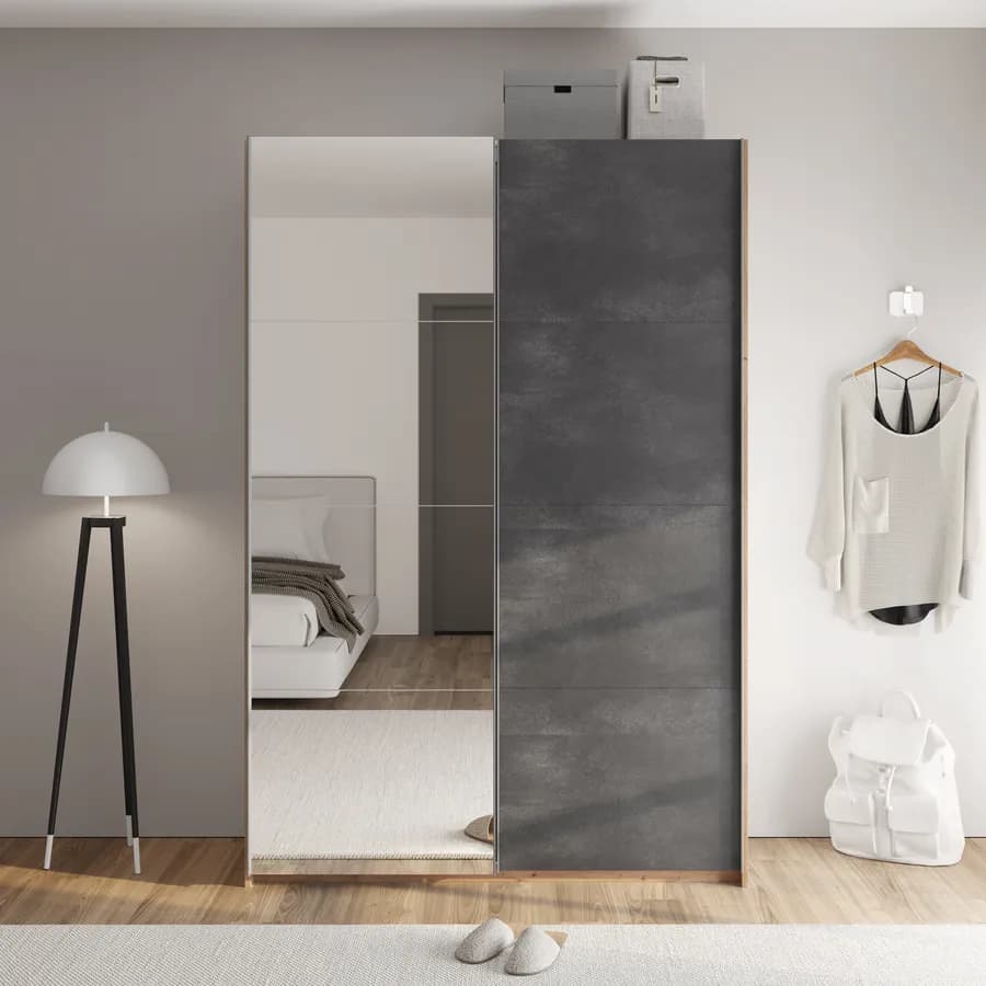 Armadio 150x223h cm rovere artisan con due ante scorrevoli grigio tadao e specchio - Alen