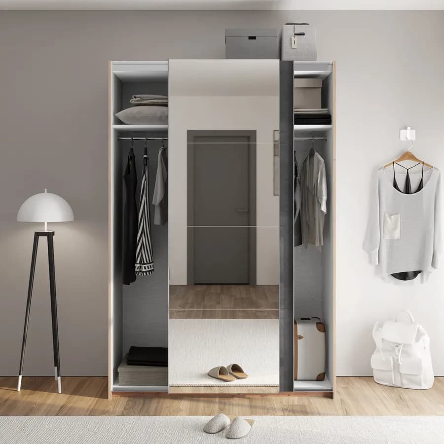 Armadio 150x223h cm rovere artisan con due ante scorrevoli grigio tadao e specchio - Alen