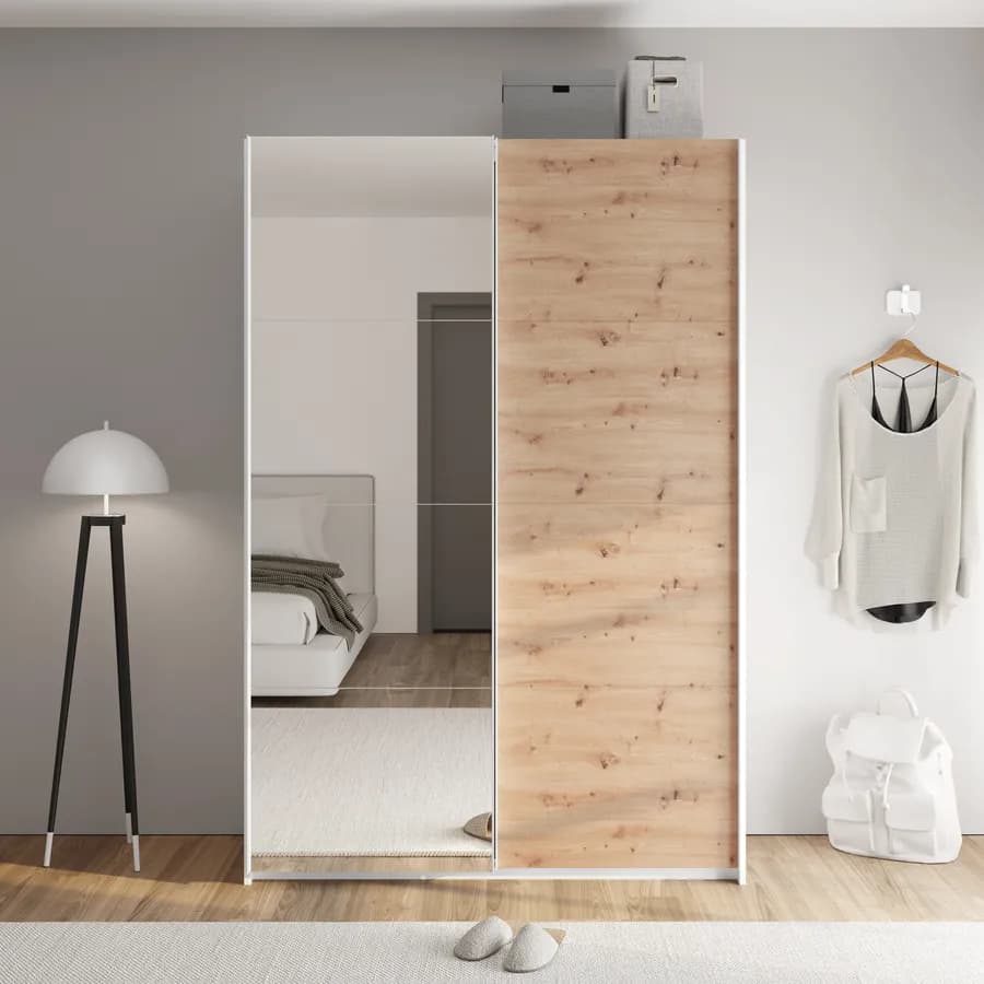 Armadio 150x223h cm con due ante scorrevoli in rovere artisan e specchio - Alen