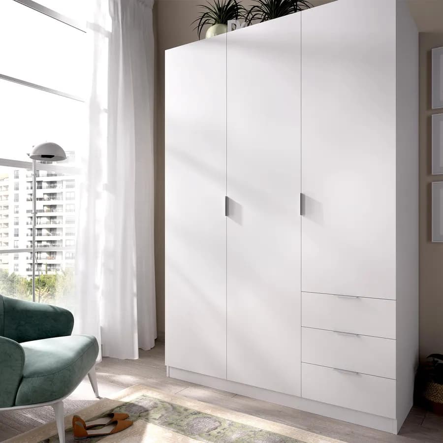 Armadio 121x184h cm con 3 ante e cassetti in legno bianco - Axel