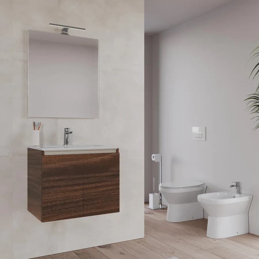 Bagno completo con mobile bagno sospeso 60 cm rovere deciso 2 ante con specchio sanitari e miscelatori - Davis