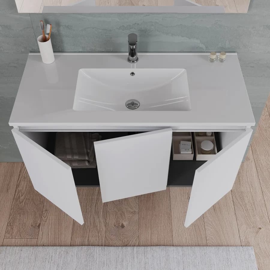 Bagno completo con mobile sospeso 100 cm bianco opaco 3 ante con specchio sanitari e miscelatori - Davis