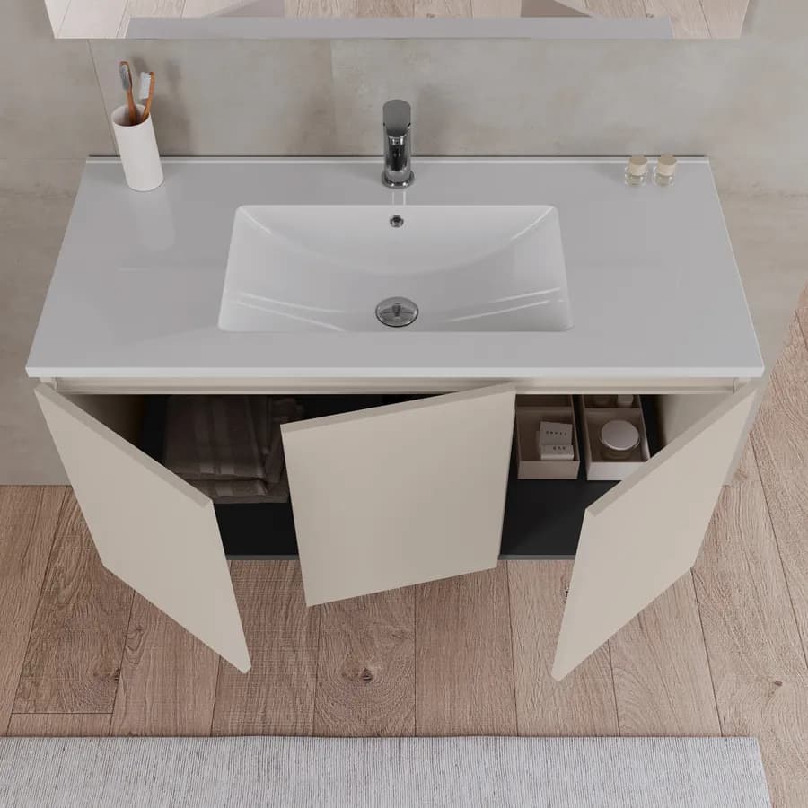 Bagno completo con mobile sospeso 100 cm cashmere 3 ante con specchio sanitari e miscelatori - Davis
