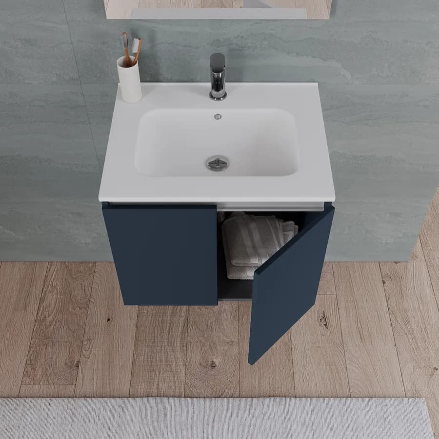 Bagno completo con mobile sospeso 60 cm blu esotico 2 ante con specchio sanitari e miscelatori - Davis