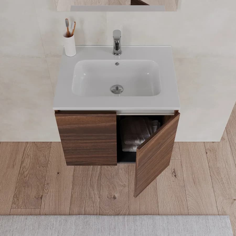 Bagno completo con mobile sospeso 60 cm rovere deciso 2 ante con specchio sanitari e miscelatori - Davis