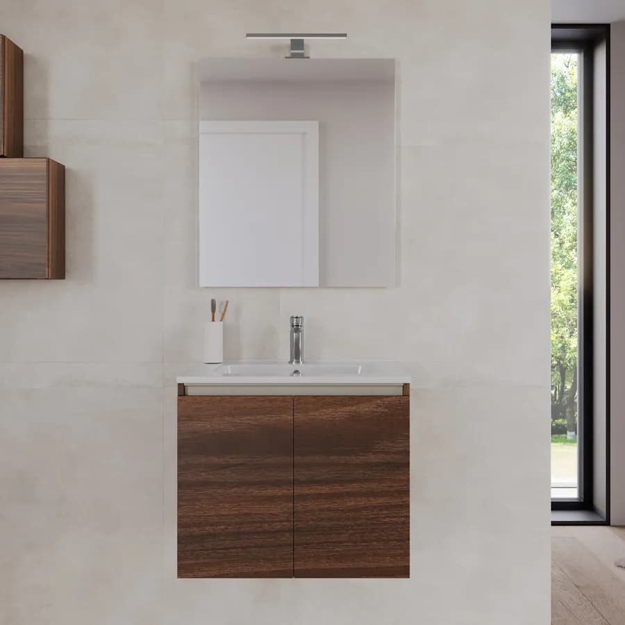 Bagno completo con mobile sospeso 70 cm rovere deciso 2 ante con specchio sanitari e miscelatori - Davis
