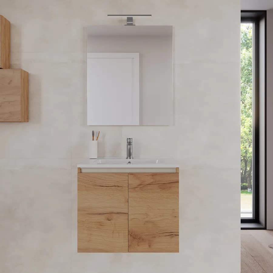 Bagno completo con mobile sospeso 70 cm rovere gold 2 ante con specchio sanitari e miscelatori - Davis