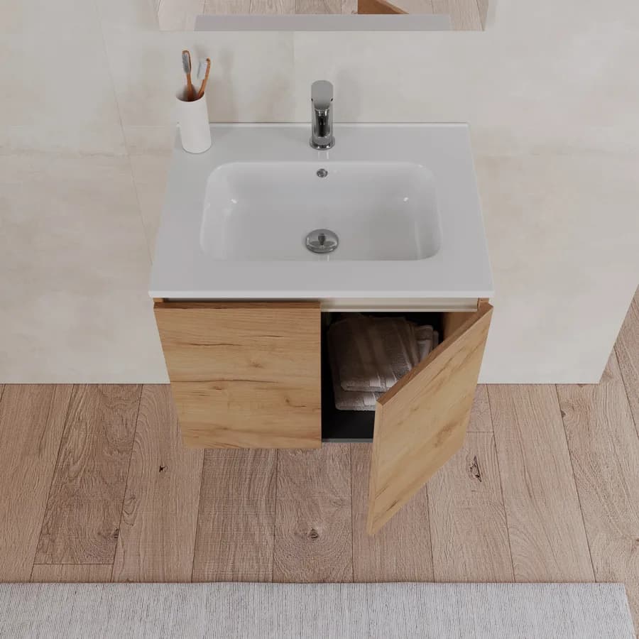 Bagno completo con mobile sospeso 70 cm rovere gold 2 ante con specchio sanitari e miscelatori - Davis