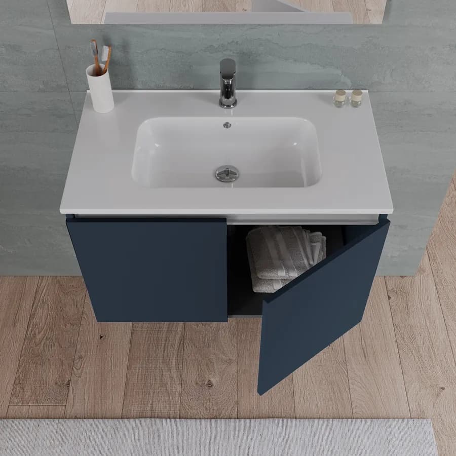 Bagno completo con mobile sospeso 80 cm blu esotico 2 ante con specchio sanitari e miscelatori - Davis